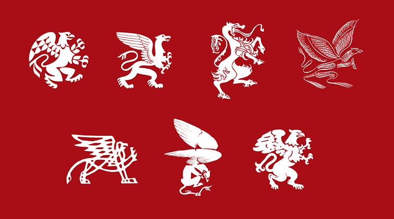 Collage of 7 griffin illustrations that were used as Reed College logos through its history.